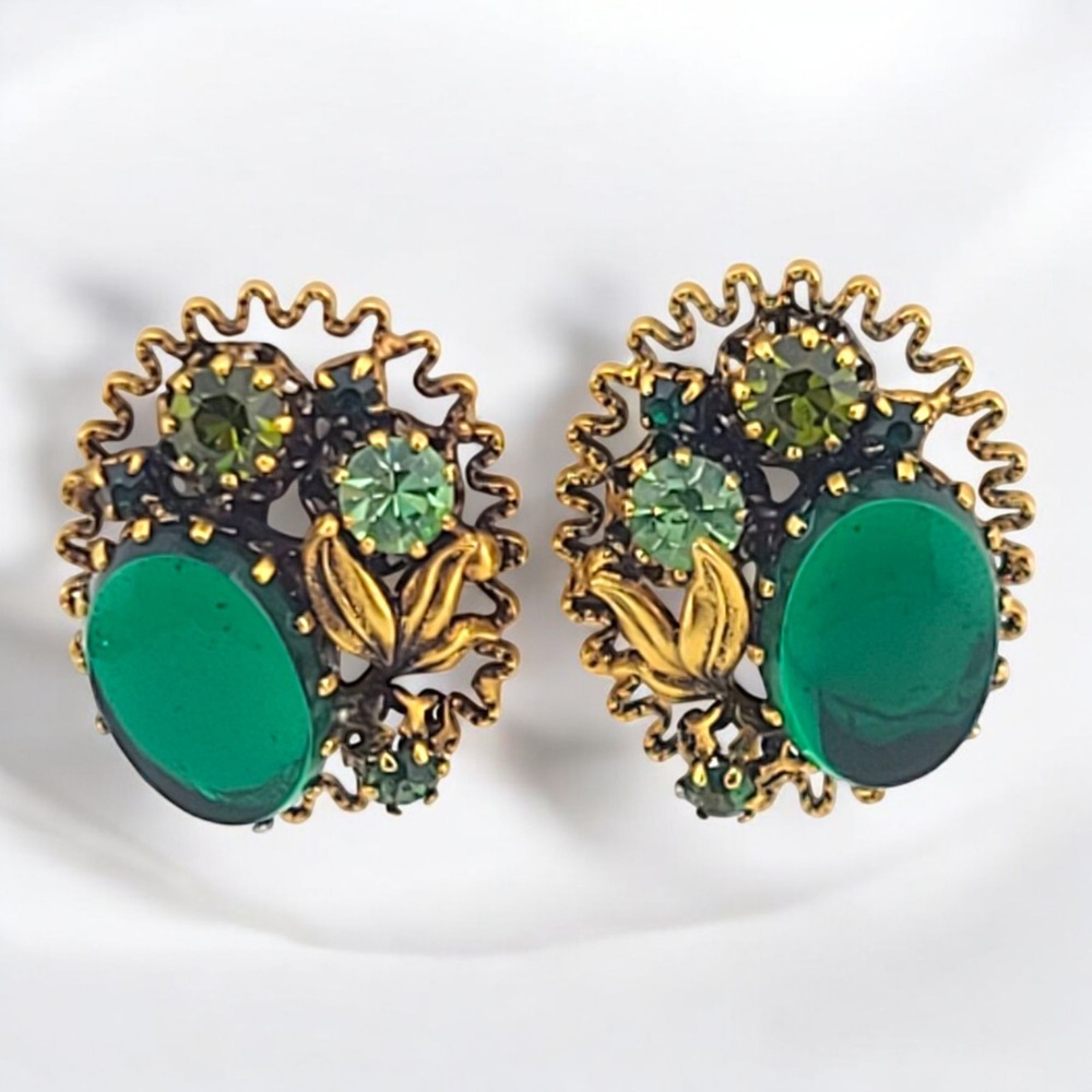 Vintage Austria Uranium Glass Earrings Gold Tone Green Filigree Clip-On Signed